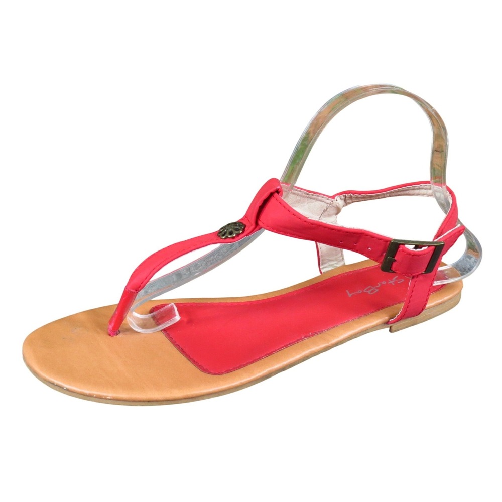 Star Bay Women T-Strap Sandal Size 10 Casual Summer‎ Beach Red Tan Faux Leather